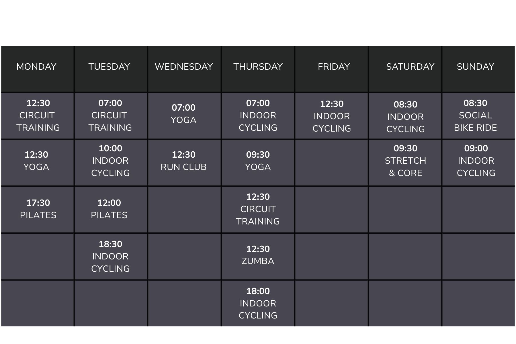 The class timetable for The Vault Gym at Winslade Parkn in Exeter