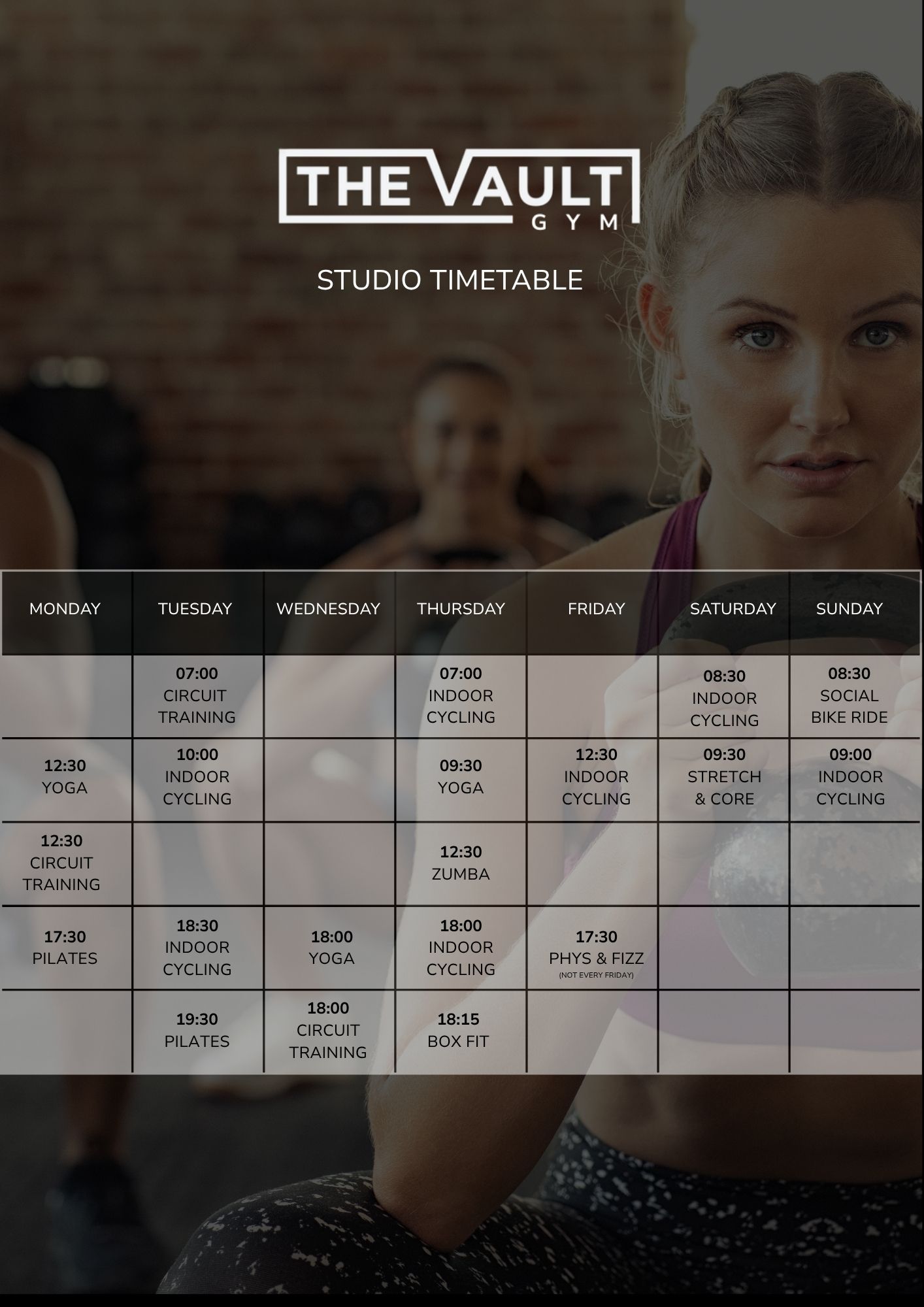 The class timetable for The Vault Gym at Winslade Parkn in Exeter