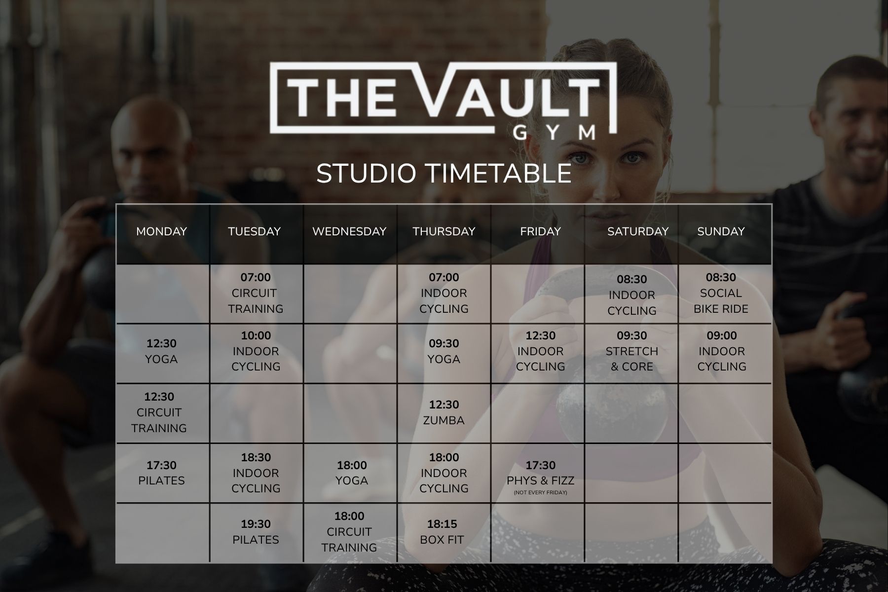 The class timetable for The Vault Gym at Winslade Parkn in Exeter