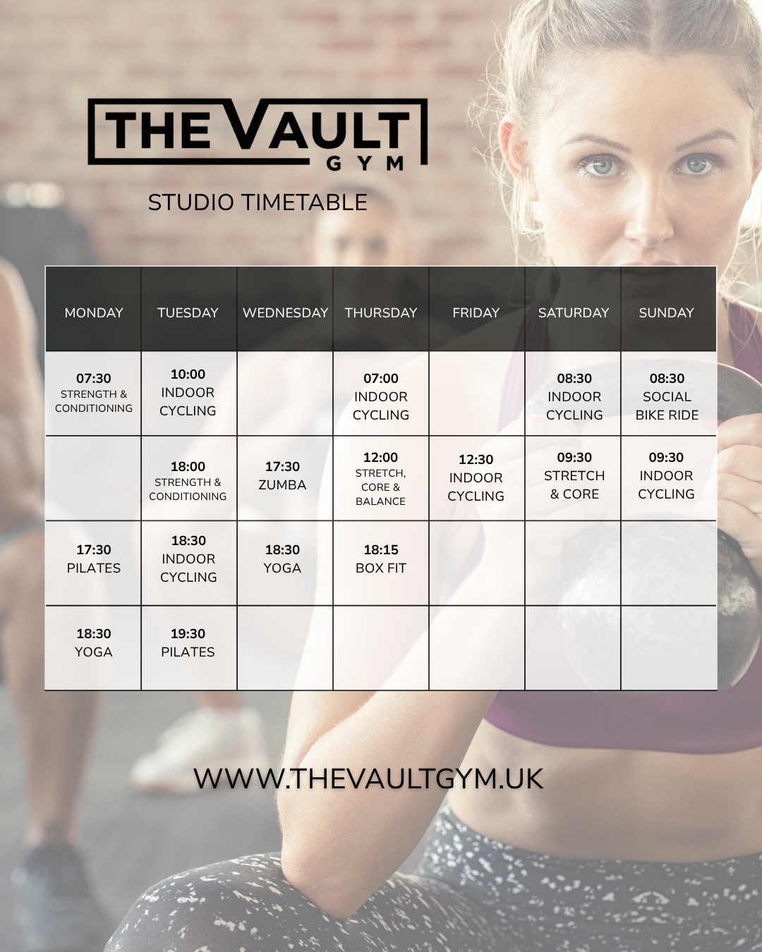 The class timetable for The Vault Gym at Winslade Parkn in Exeter