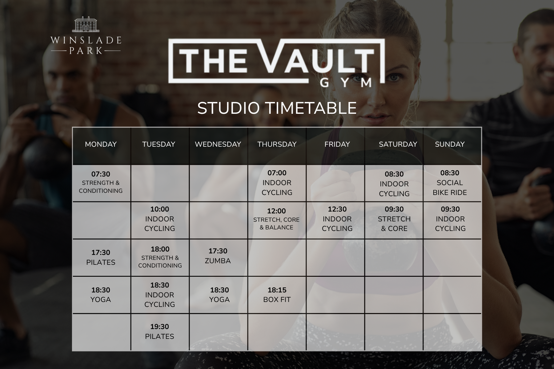 The class timetable for The Vault Gym at Winslade Parkn in Exeter